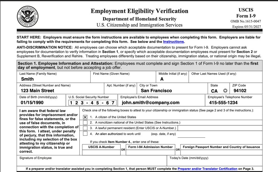 Filled I-9 Form