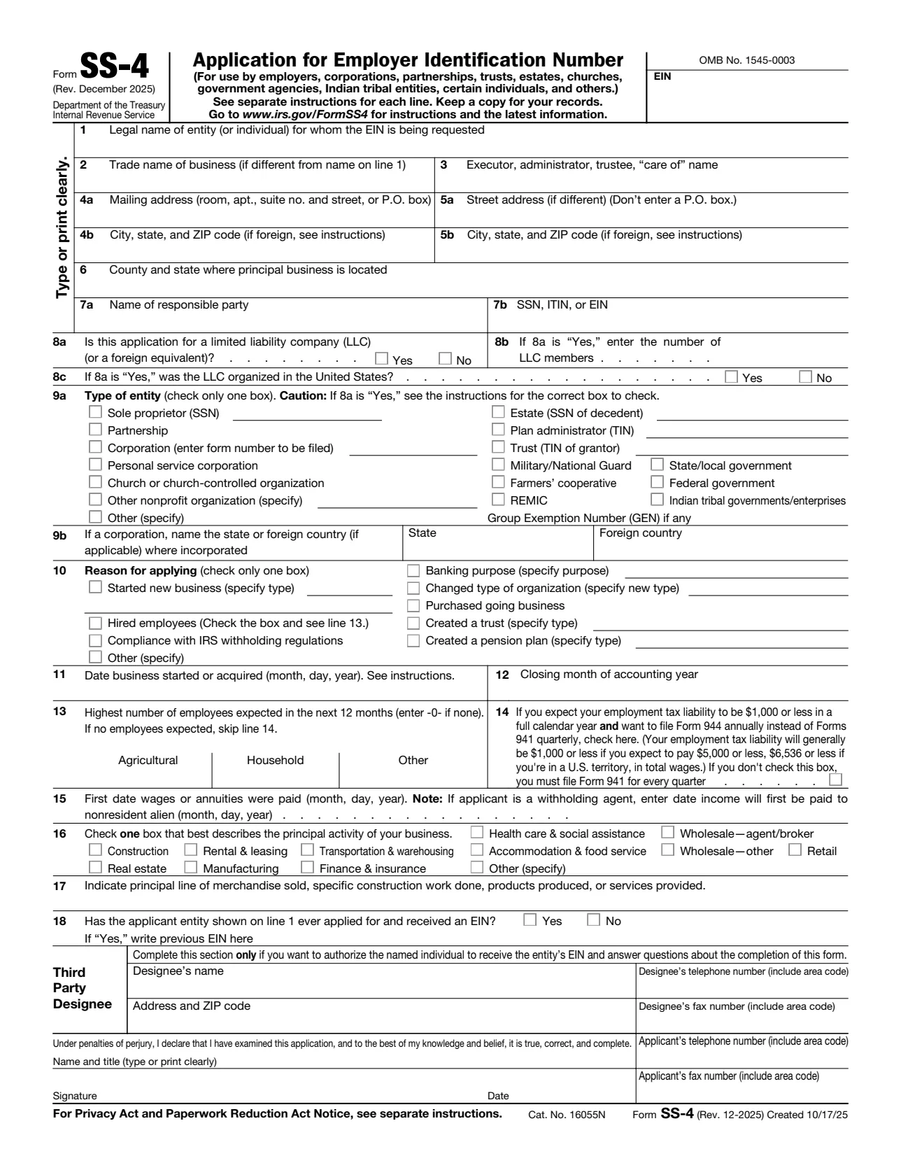 IRS Form SS-4, page 1
