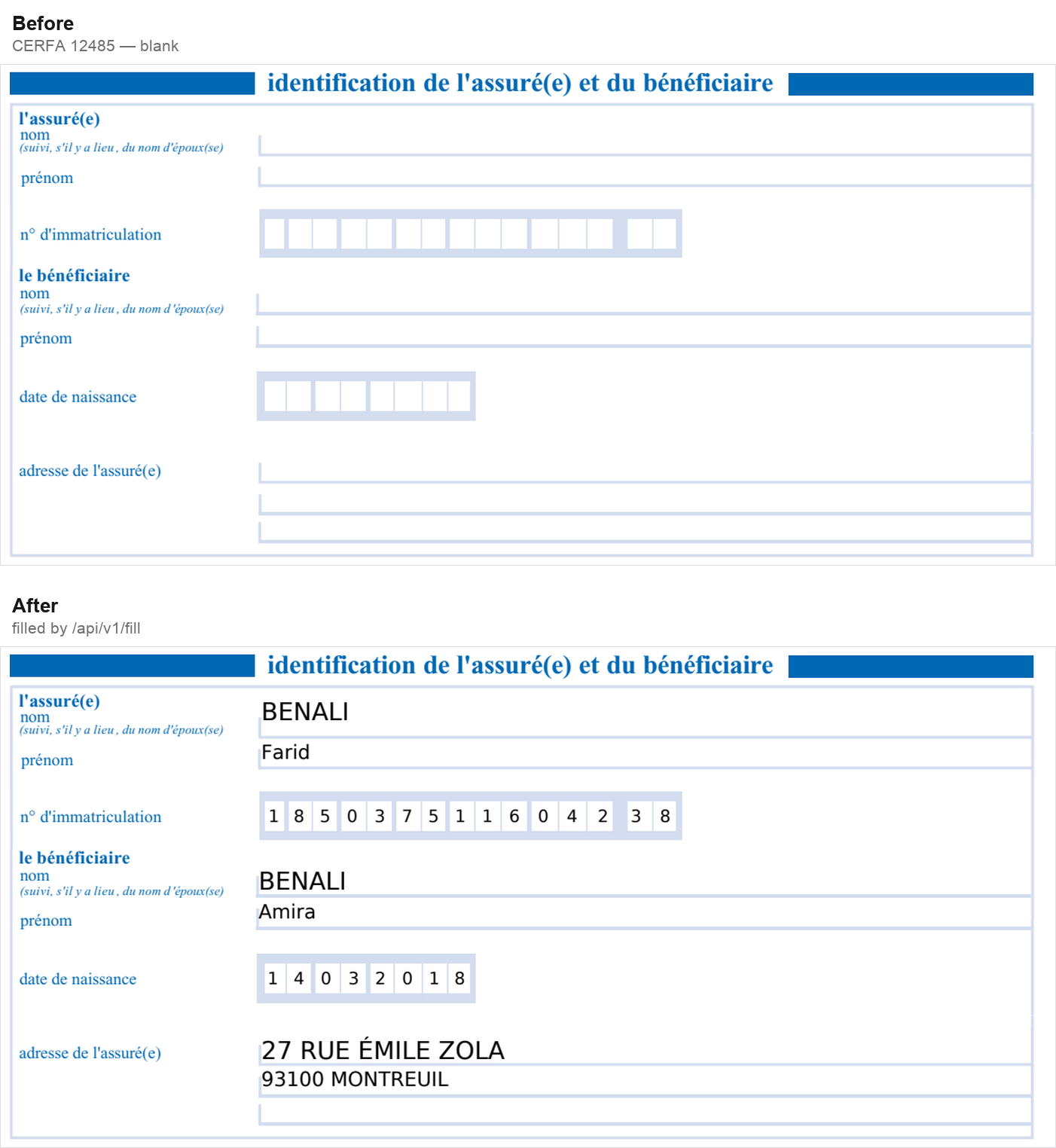 A blank CERFA 12485 beside the same form filled in, with the insurance number placed one digit per box