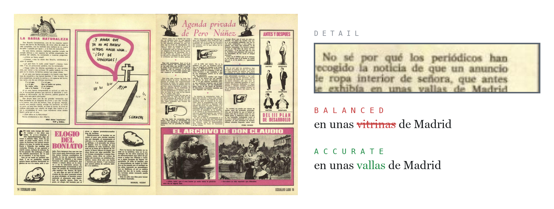 A dense magazine spread where the verification models catch a single misread word