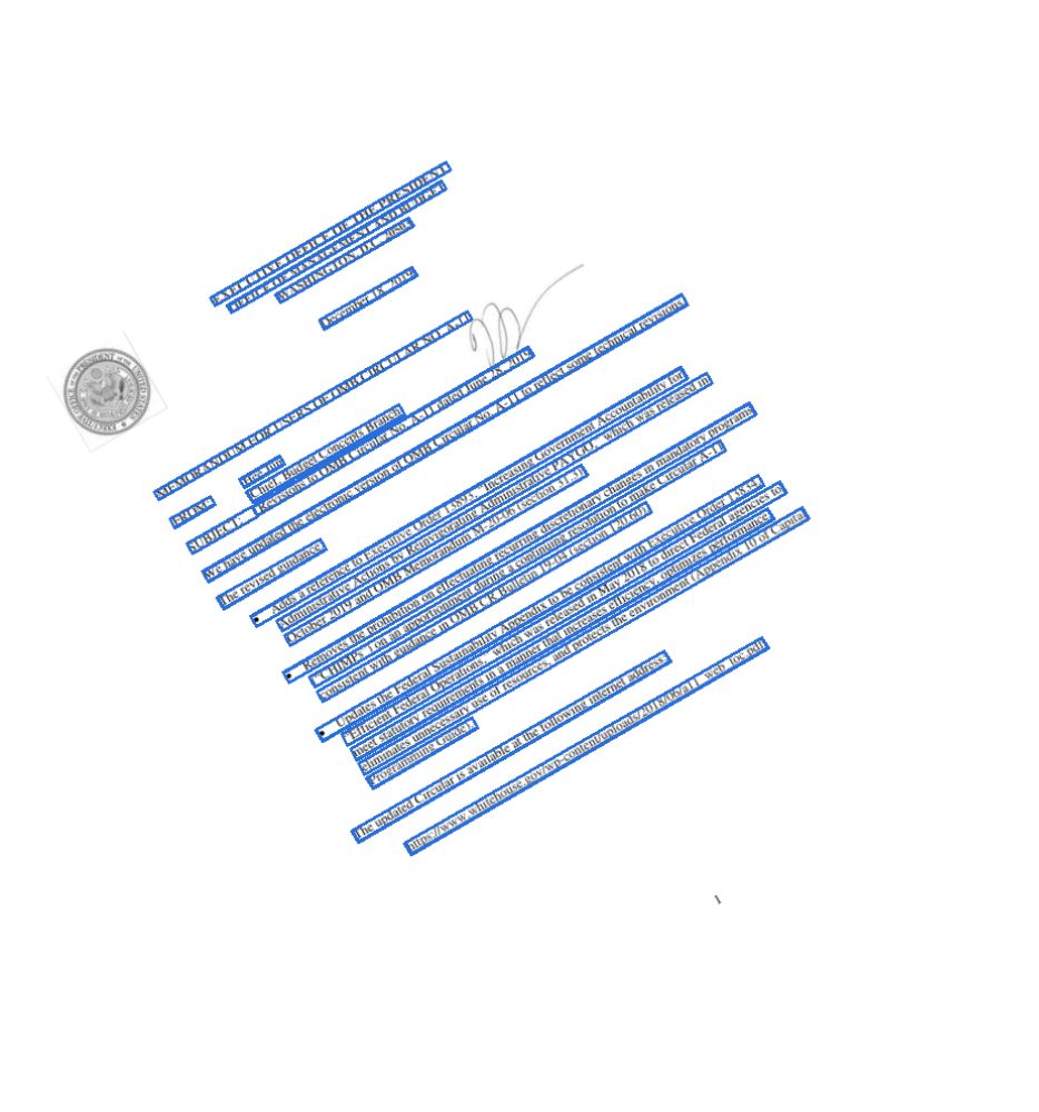 A memo from the Office of Management and Budget, tilted 30 degrees, with a box around each line Indra OCR 1.1 found.
