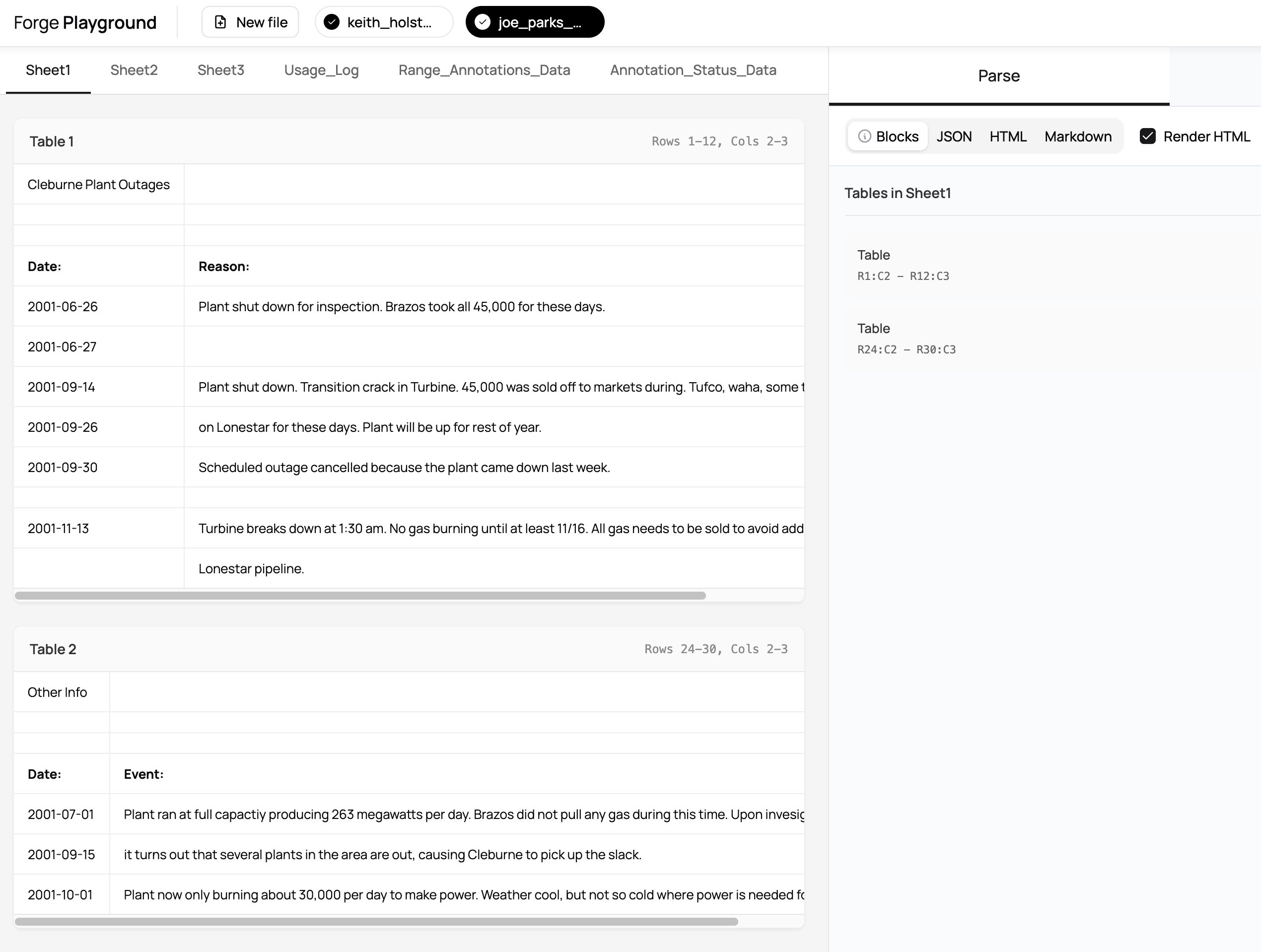 Spreadsheets in Forge showing table detection