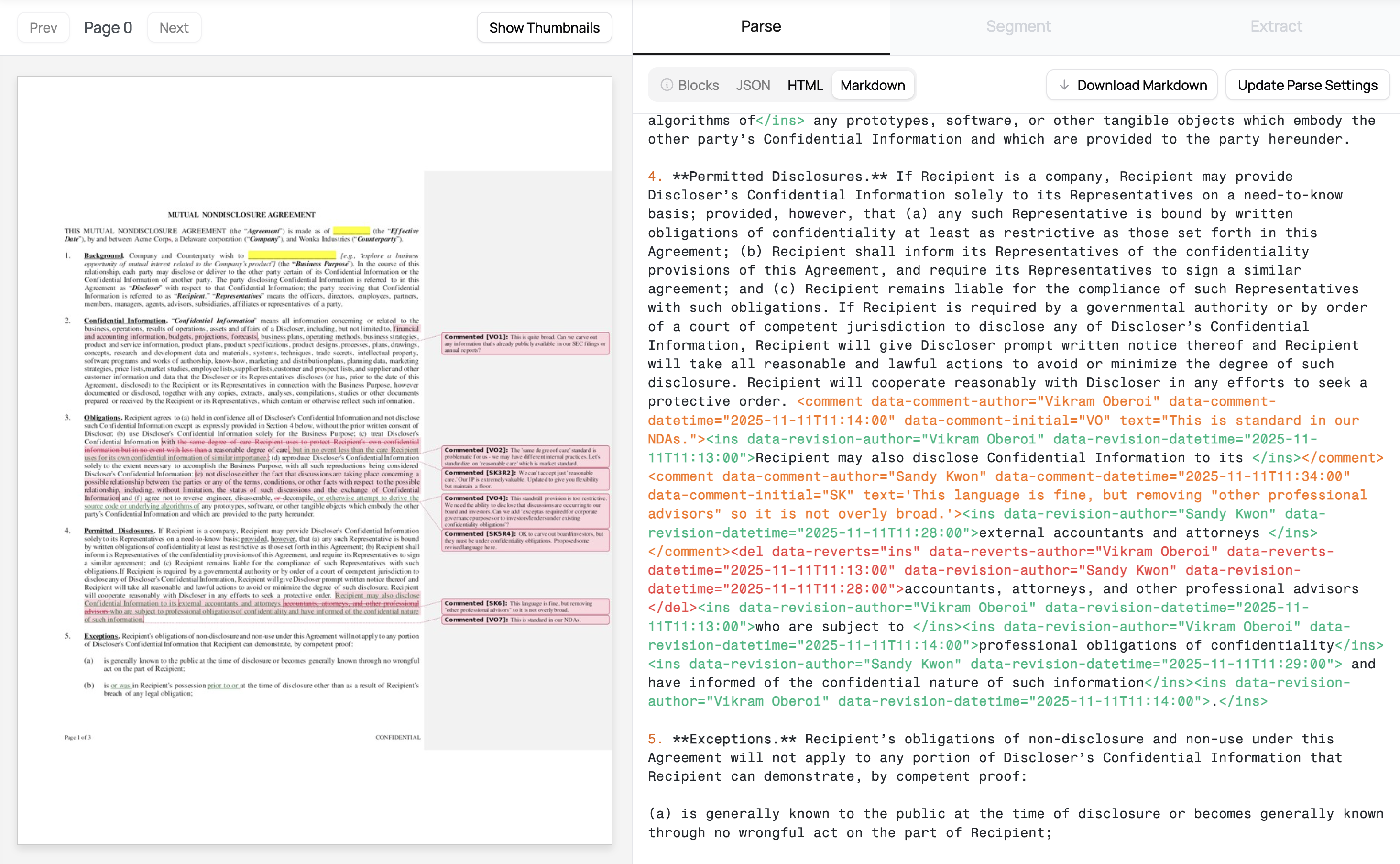 Tracked changes output showing inline revisions and comments