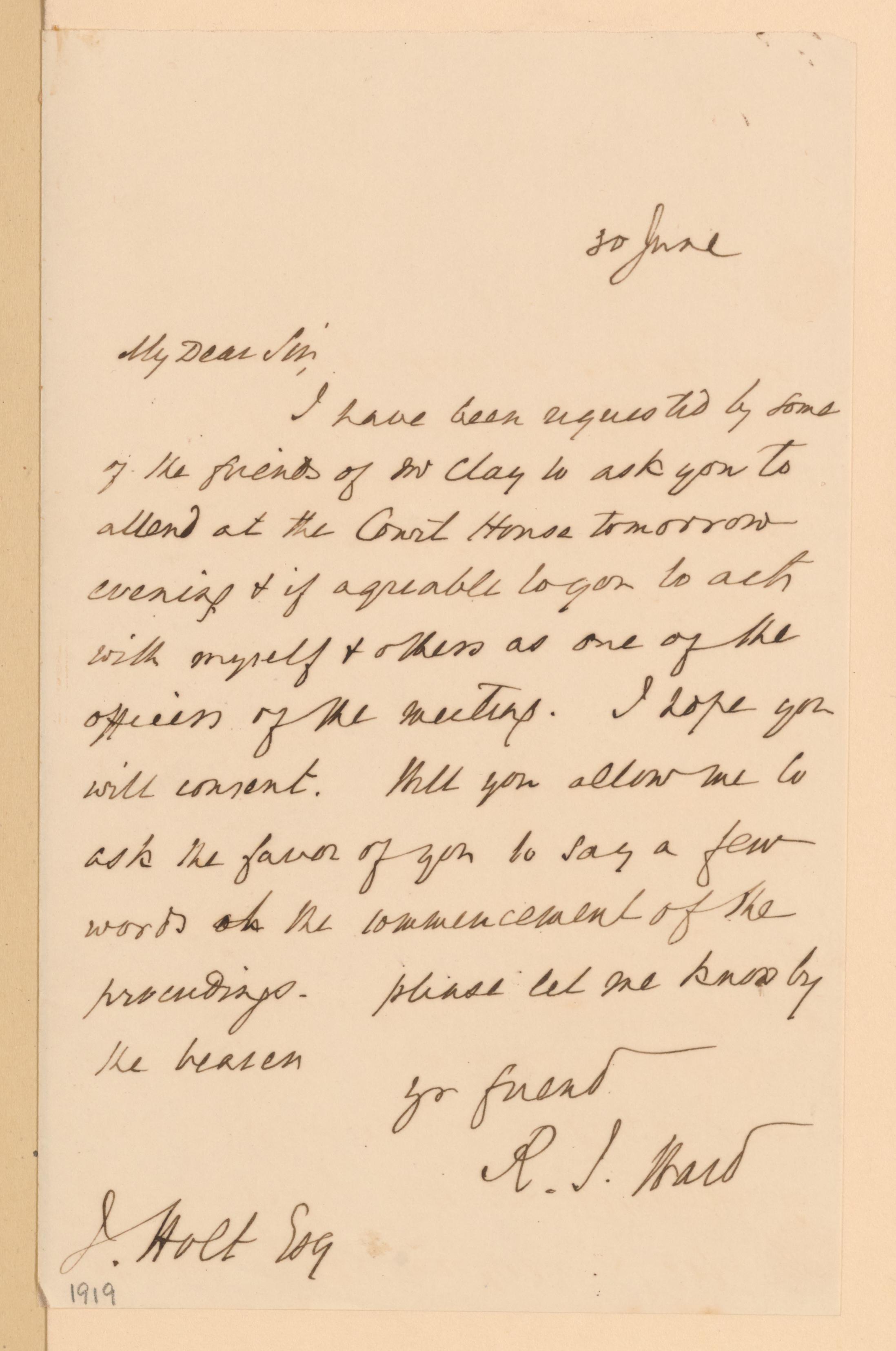 Library of Congress, Manuscript Division, Joseph Holt Papers. Letter from R. I. Ward to Joseph Holt, 30 June.