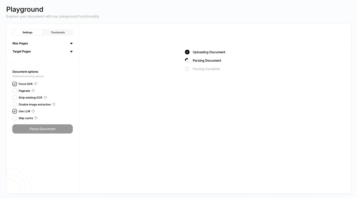 Playground screenshot showing document upload interface