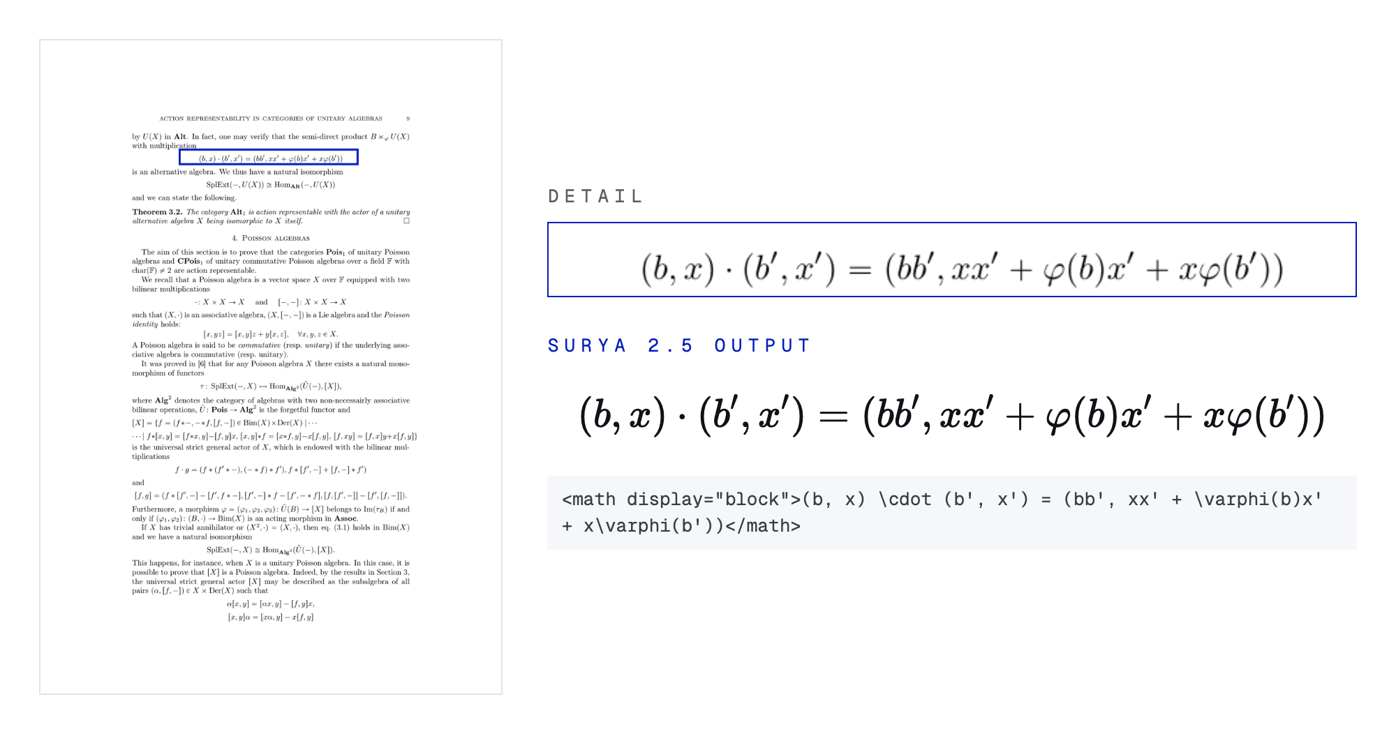 A mathematics paper page with one displayed equation outlined. The Surya 2.5 output renders to the same equation, and its LaTeX source is shown below it.
