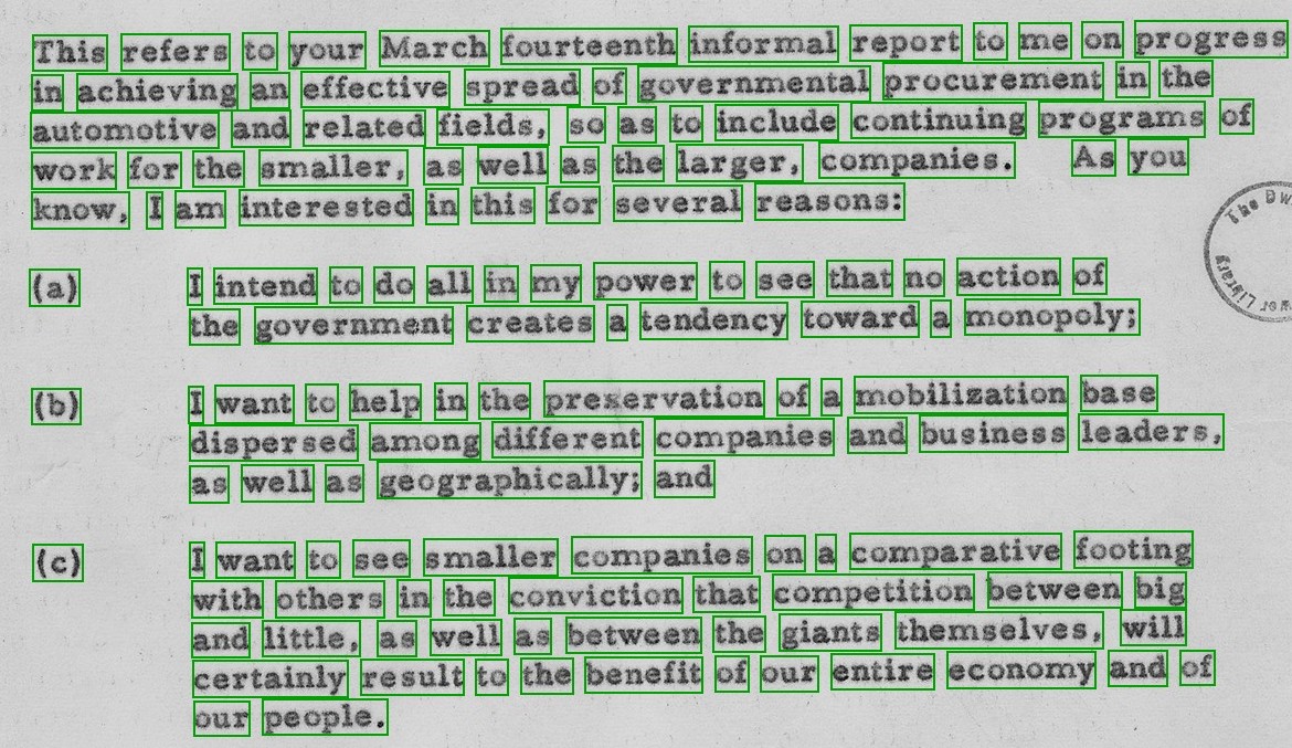 A typed 1955 memo from President Eisenhower with the new model's word boxes. Every word has one tight green box.