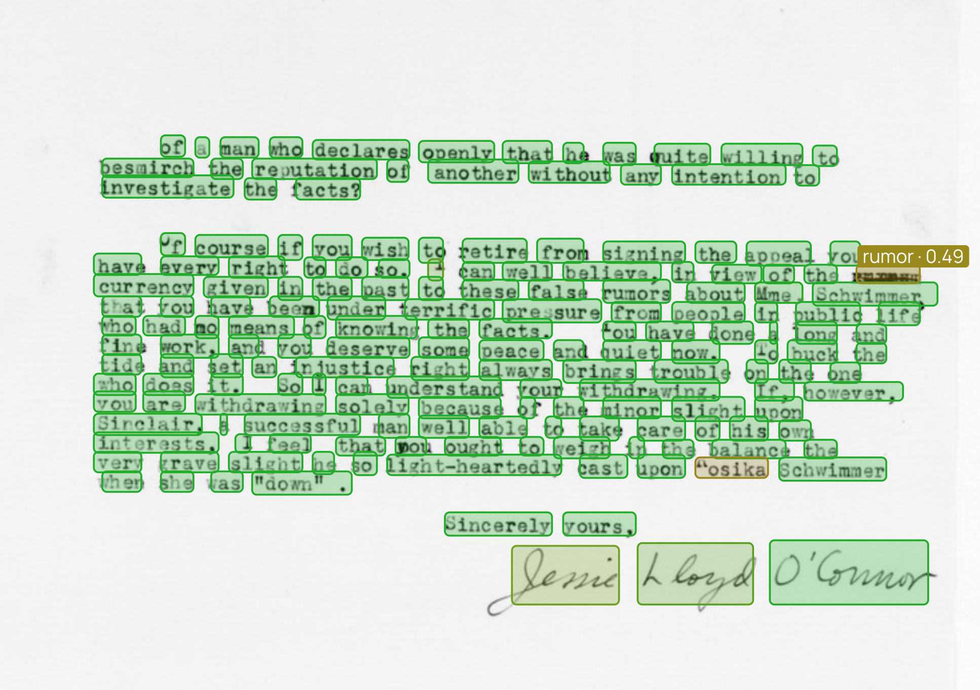 A faded typewritten letter in the Datalab playground with every word boxed. Most words are green (high confidence); a struck-over word 'rumor' is flagged at 0.49, and the overstruck name 'Rosika' is flagged too. The handwritten signature words are boxed separately.