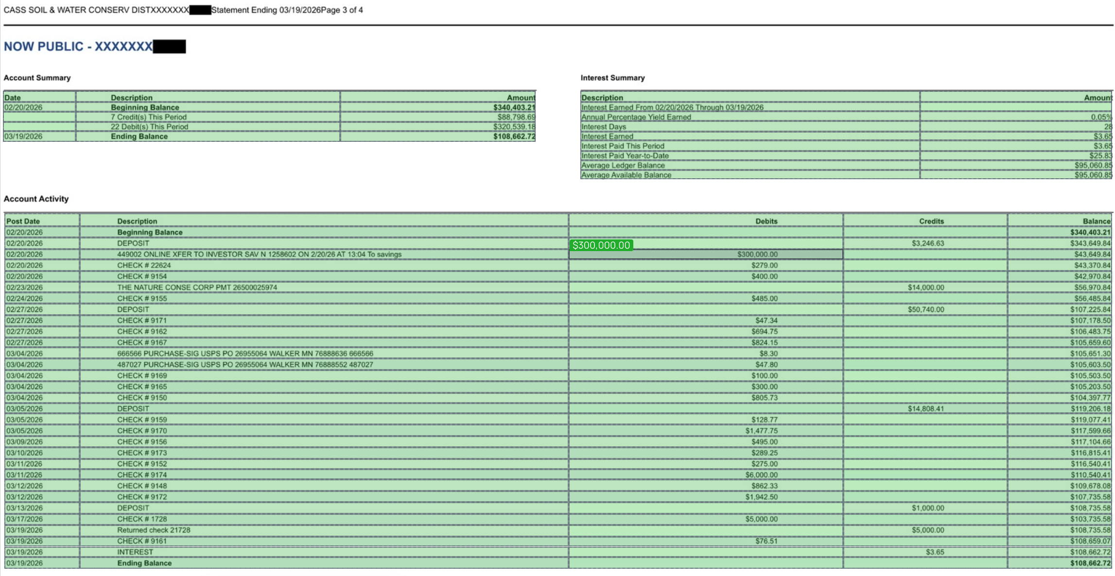 A bank statement page in the Datalab playground with three dense tables. Every table cell is boxed and every word inside it is boxed, down to the last row; one debit cell is highlighted showing its transcribed value $300,000.00.